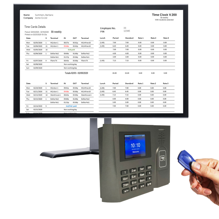 Proximity Time Clock | GeoProx 200NT Proximity RFID badge time clock with software inc vacation, sickness | NO SUBSCRIPTIONS. Warranty and 90 days FREE Support. 4 pay rates. Includes 25 free tags or badges.