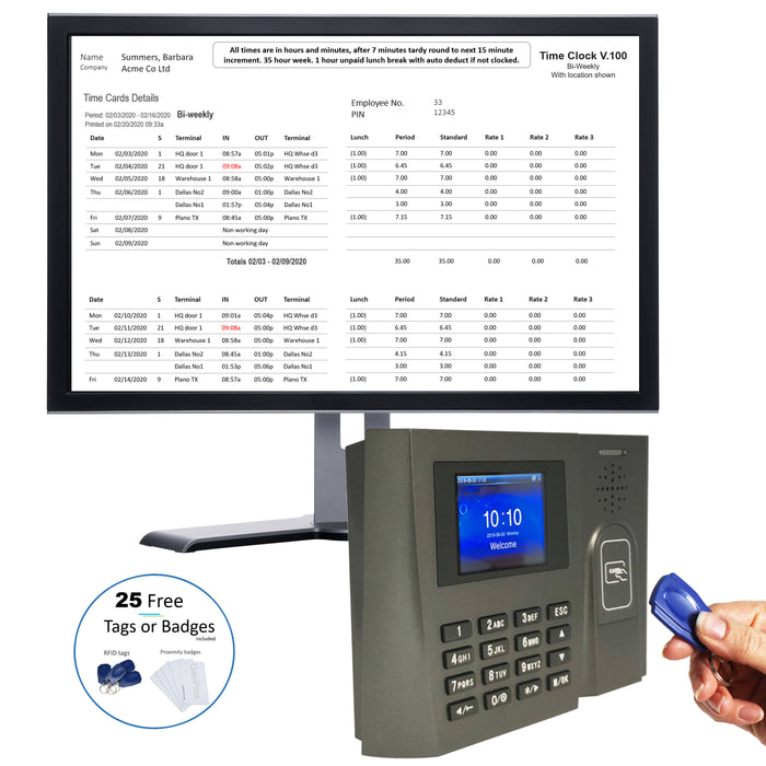 Proximity Time Clock | GeoProx 100NT | Proximity RFID tag or badge | Accurate and Reliable Software, 90 days FREE Support. 1 year warranty. 4 pay rates. NO SUBSCRIPTIONS. Includes 25 free tags or badges.