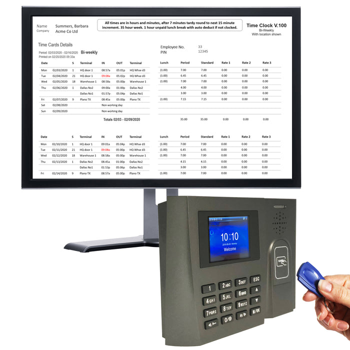 Proximity Time Clock | GeoProx 100NT | Proximity RFID tag or badge | Accurate and Reliable Software, 90 days FREE Support. 1 year warranty. 4 pay rates. NO SUBSCRIPTIONS. Includes 25 free tags or badges.