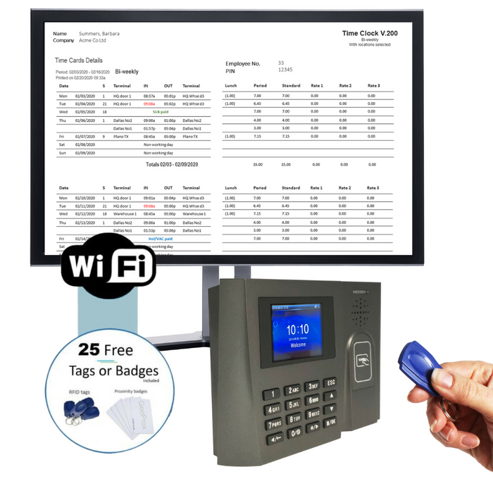 GeoProx 210NT Wifi | Proximity RFID badge time clock with software inc vacation, sickness and auto email time card feature | NO SUBSCRIPTIONS. Warranty and 90 days FREE Support. 4 pay rates. Includes 25 free tags or badges