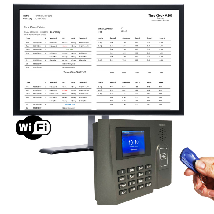 GeoProx 210NT Wifi | Proximity RFID badge time clock with software inc vacation, sickness and auto email time card feature | NO SUBSCRIPTIONS. Warranty and 90 days FREE Support. 4 pay rates. Includes 25 free tags or badges