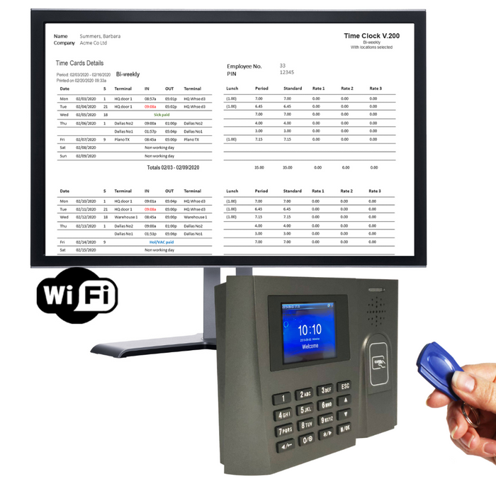 GeoProx 210NT Wifi | Proximity RFID badge time clock with software inc vacation, sickness and auto email time card feature | NO SUBSCRIPTIONS. Warranty and 90 days FREE Support. 4 pay rates. Includes 25 free tags or badges,