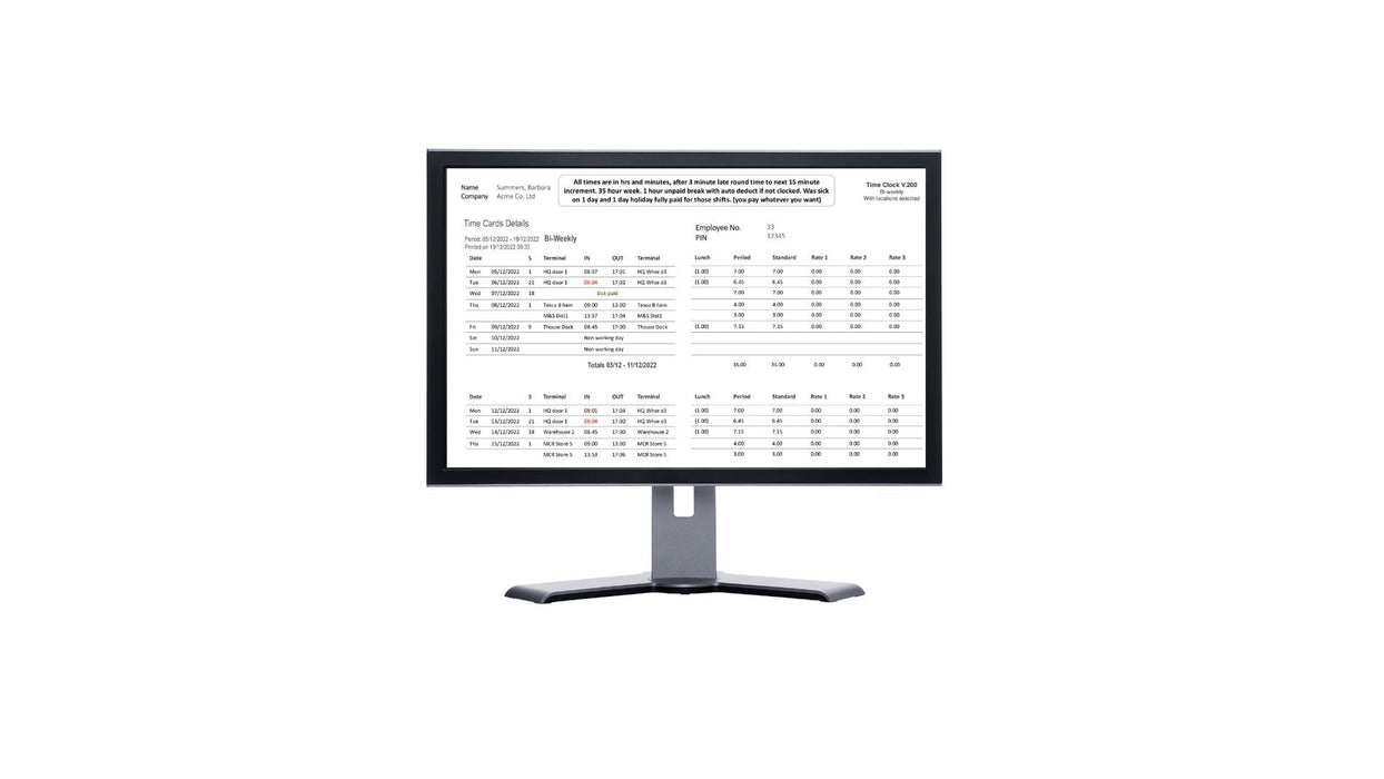 GeoTime 200 Time Clock System, Biometric fingerprint with Vacation and Sickness Module. FREE Export to payroll. 90 days FREE Support. No monthly fees. You own it. 1 year warranty.