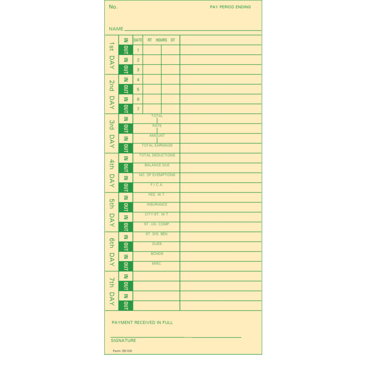 35100-10 Time Cards (Pack of 1000's $45.00) — Time Clocks Inc