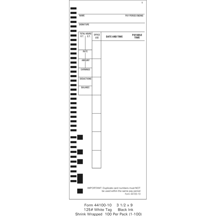 44100-10 Time Cards (Pack of 1000, 10 x 100's $70.00)