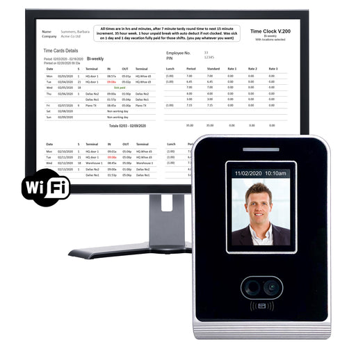 Time Clock Geoface 200 WIFI Time Clock Recorder | Non-Contact | Inc Vacation & Sickness, FREE Payroll Export, Live Attendance Dashboards. 12 months FREE support. NO SUBSCRIPTION.