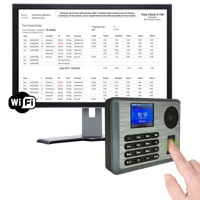 HandTrac 100 Wifi  Time Clock Inc - Time Clocks and Time Clock Cards for all Time Recorder Clocks | biometric time clock systems - fingerprint time clocks - work clocks - Facial recognition - no subscription