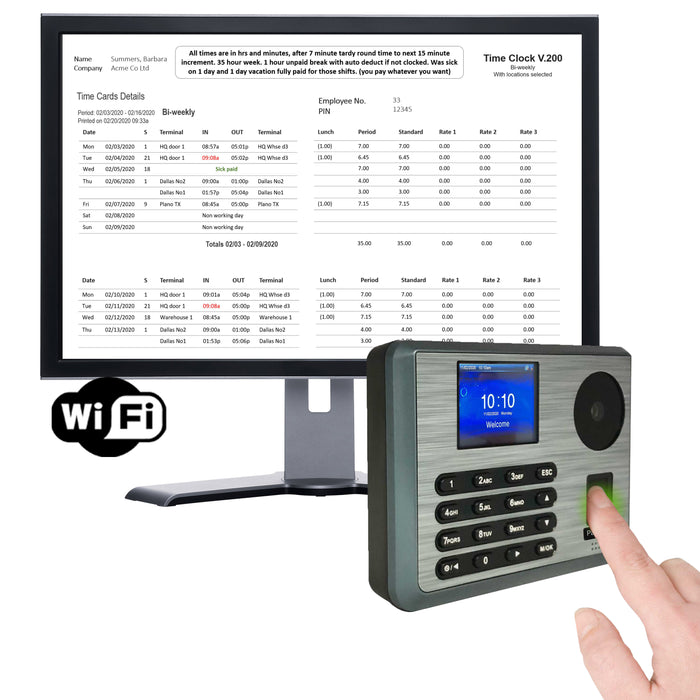 HandTrac 200 Wifi | Biometric Hand, fingerprint, proximity clocking in machine | Vacation, sickness, email time card feature | Std + 3 overtime rates | Reliable and accurate | 1 Year warranty | No subscriptions | Order RFID tag/badges in Accessories