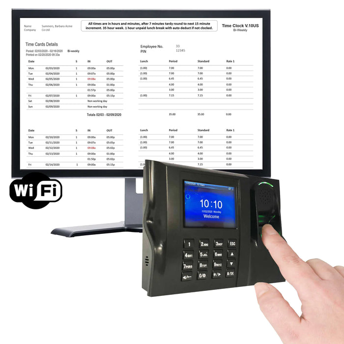 GeoTime 10 Time Clock with Wifi. Biometric fingerprint - eliminates ‘buddy punching’. Accurate and Reliable Software. FREE Export to payroll. NO SUBSCRIPTIONS NEEDED. 1 year warranty. 90 days FREE Support.