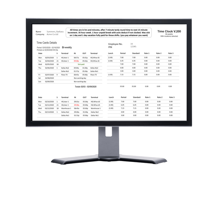Geoface 200 time clock, non-contact facial recognition. Includes Vacation & Sickness, FREE Payroll Export, Live Attendance Dashboards. 12 months FREE support.