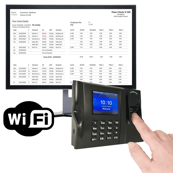 GeoTime 100 Wifi, Time Clock Recorder, Biometric fingerprint. Accurate and Reliable Solution with FREE Export to payroll. 90 days FREE Support. NO SUBSCRIPTIONS. 1 year warranty.